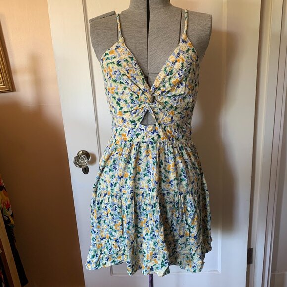 ANGIE Sundress Sz M Mini Dress Blue Yellow Floral Cutout Front Smocked Back Boho - Picture 3 of 8